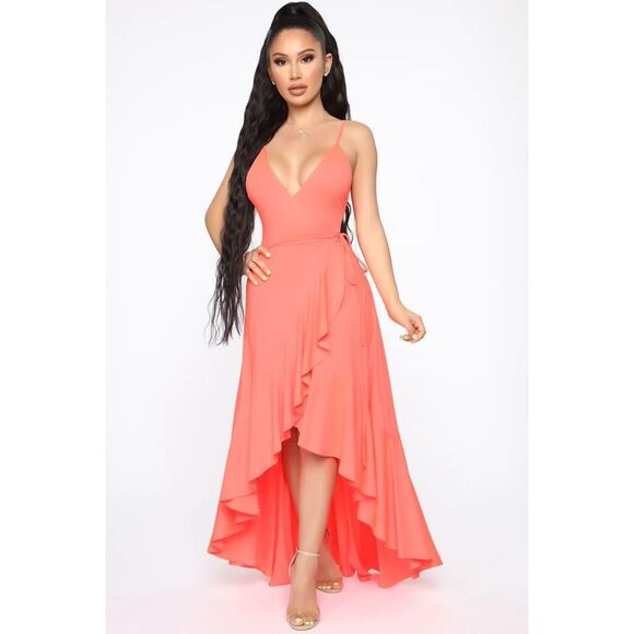 Fashion Nova Every Strut Wrap Maxi Dress NWT Coral Size M - Picture 1 of 8